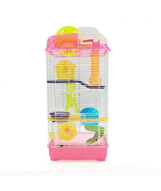 3 Level Clear Plastic Dwarf Hamster, Mice Cage with Ball on Top, Pink
