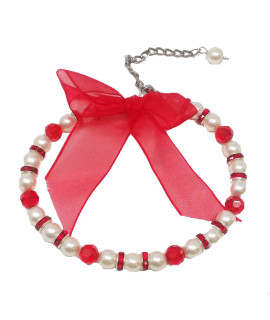 Satin Bow Pearl Dog Necklace - Red