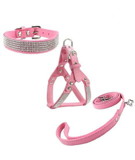 Newtensina Dog Collar & Harness & Lead Sets Fashion Dog Collar Diamante with Harness & Leashes Comfortable Soft Collar Harness and Leashes Set for Dog - Pink - S