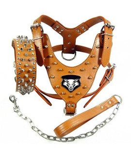 Benala Punk Wolf Spiked Studded Leather Dog Pet Harness Collar and Leash Set for Large Dogs Pitbull Boxer Bully (Brown,L)