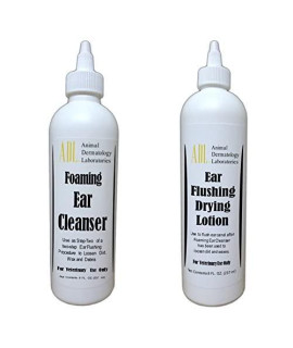 Bundle: Dog and Cat Ear Cleaner includes 2 items: ADL Foaming Ear Cleanser 8 Ounce & ADL Ear Flushing Drying Lotion 8 Ounce. For pet ear protection and cleaner for pet ear wax debris (8 OUNCE/2 PACK)