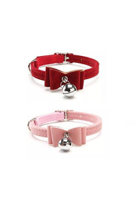 Stock Show 2Pcs Small Pet Velvet Bowknot Collar with Bell Adjustable PU Leather Cute Necklace Bow Tie for Cat Kitten Kitty Dog Puppy, Pink&Red
