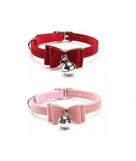 Stock Show 2Pcs Small Pet Velvet Bowknot Collar with Bell Adjustable PU Leather Cute Necklace Bow Tie for Cat Kitten Kitty Dog Puppy, Pink&Red
