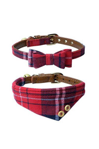 Dog Cat Collars Leather for Small Pet Adjustable Bow-tie and Scarf Puppy Collars with Bell Cute Plaid Bandana Dog Collar(2 Pack) (red Plaid)
