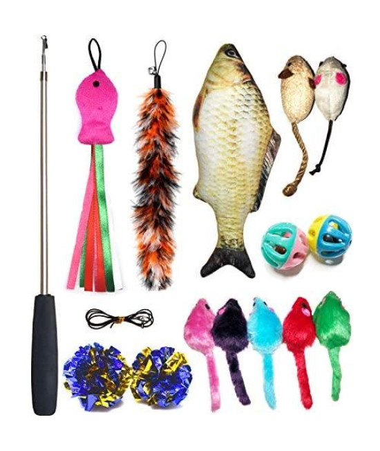 Cat Toys Set, Cat Retractable Teaser Wand, Catnip Fish, Interactive Cat Feather Toy, Mylar Crincle Balls, Two Cotton Mice, Four Fluffy Mouse
