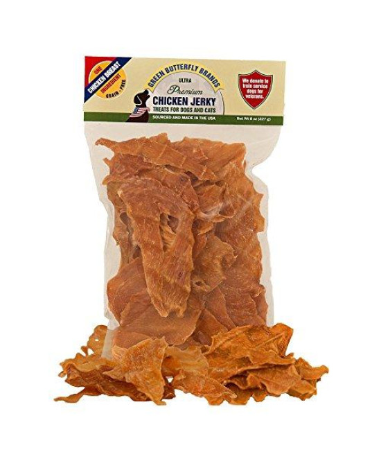 Green Butterfly Brands Chicken Jerky - Dog Treats Made in USA Only - 1 Ingredient: USDA Grade A Chicken Breast - No Additives or Preservatives - Grain Free Snack, All Natural Premium Strips, 8 Ounces