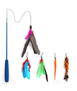 Feather Teaser Cat Toy, Retractable Cat Feather Toy Wand with 5 Assorted Teaser with Bell Refills, Interactive Catcher Teaser for Kitten Or Cat Having Fun Exerciser Playing
