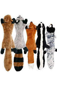 No Stuffing Dog Toys with Squeakers, Durable Stuffingless Plush Squeaky Dog Chew Toy Set ,Crinkle Dog Toy for Medium and Large Dogs, 5 Pack(Squirrel Raccoon Fox Skunk and Penguin), 24Inch