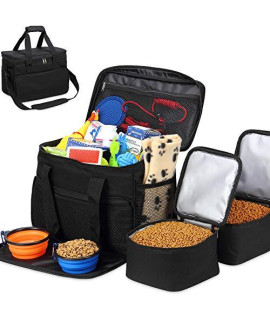 Kundu Cat & Dog Travel Bag - Includes 2 Food Carriers, 2 Bowls & Place Mat - Airline Approved - Black,6 Piece Set,KDU-011