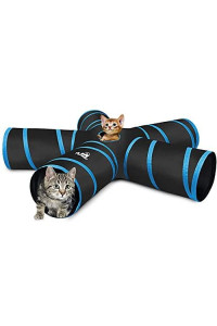 Pawaboo Cat Toys, Cat Tunnel Tube 5 Way Tunnels 25x40cm Extensible Collapsible Cat Play Tent Interactive Toy Maze Cat House with Balls and Bells for Cat Kitten Kitty Rabbit Small Animal, Blue