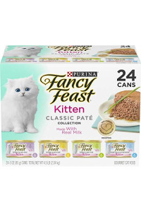 Purina Fancy Feast Grain Free Pate Wet Kitten Food Variety Pack, Kitten Classic Pate Collection, 4 flavors - (24) 3 oz. Boxes