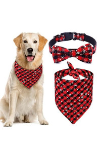 Malier Dog Bandana and Collar Set Pet Christmas Classic Plaid Snowflake Dog Scarf Triangle Bibs Kerchief Adjustable Collars with Bow Tie Pet Costume for Cats Dogs Pets (Large)