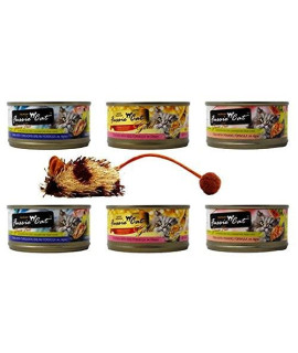 Fussie Cat Premium Grain Free Adult Cat 3 Flavor Variety 6 Can Bundle with Toy, 2 Each: Tuna Threadfin Bream, Chicken Egg, Tuna Prawns (2.82 Ounce)