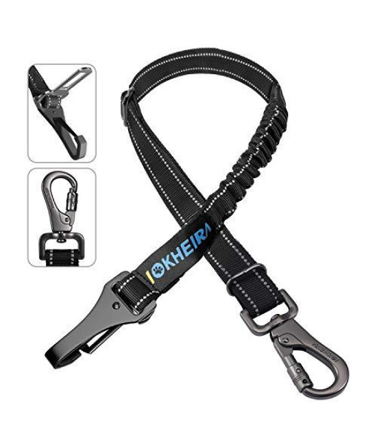 IOKHEIRA Dog Seat Belt 3-in-1 Car Harness for Dogs Adjustable Safety Seatbelt for Car Durable Nylon Reflective Bungee Fabric Tether with Clip Hook Latch & Buckle, Swivel Zinc Alloy Carabiner