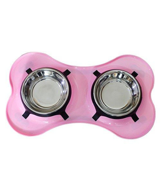 Bone Shaped Plastic Pet Double Diner with Stainless Steel Bowls, Pink and Silver, Pack of 6