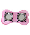 Bone Shaped Plastic Pet Double Diner with Stainless Steel Bowls, Pink and Silver, Pack of 4