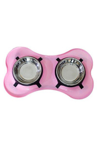 Bone Shaped Plastic Pet Double Diner with Stainless Steel Bowls, Pink and Silver, Pack of 4