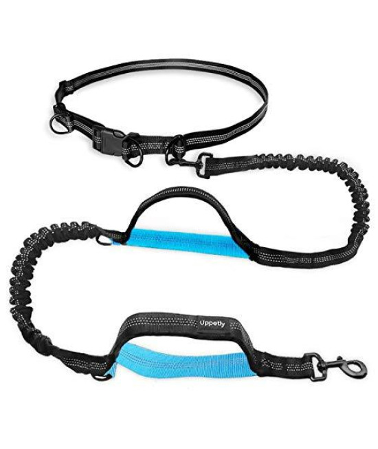 UPPETLY Hands Free Dog Running Leash with Adjustable Waist Belt, Dual Handle Elastic Bungees Retractable Rope for Medium and Large Dogs, Reflective Stitches for Walking Hiking Biking