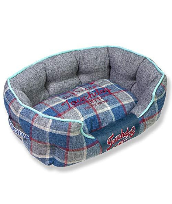 Touchdog Archi-Checked Designer Plaid Oval Dog Bed, Large, Blue