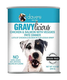 Dave's Pet Food Gravylicious Chicken & Salmon with Veggies, Canned Dog Food, 12oz Cans, Case of 12, Made in The USA