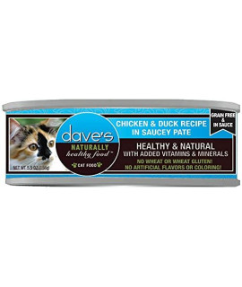 Dave's Pet Food Naturally Healthy Cat Food, Chicken & Duck Recipe in Saucey Pate, Canned Cat Food, 5.5oz Cans, Case of 24, Made in The USA