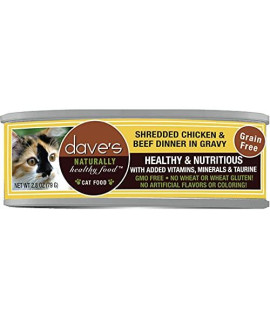 Dave's Pet Food Shredded Chicken and Beef Dinner in Gravy, Canned Cat Food, 2.8oz Cans, Case of 24,Brown