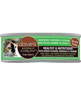 Dave's Pet Food Shredded Chicken and Ocean Whitefish Dinner in Gravy, Canned Cat Food, 2.8oz Cans, Case of 24,Brown