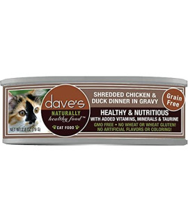 Dave's Pet Food Shredded Chicken and Duck Dinner in Gravy, Canned Cat Food, 2.8oz Cans, Case of 24