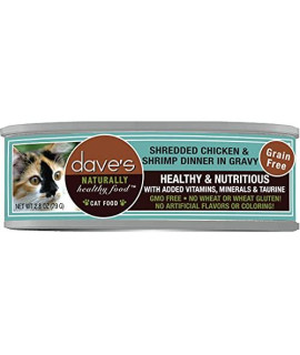 Dave's Pet Food Shredded Chicken and Shrimp Dinner in Gravy, Canned Cat Food, 2.8oz Cans, Case of 24