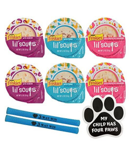 Friskies Lil Soups for Cats Bundle | 3 Flavor Variety, (2) Each: Shrimp, Sockeye Salmon, Tuna (1.2 Ounces) | Plus 2 Mesh Kitty Toys and Car Paw Magnet!