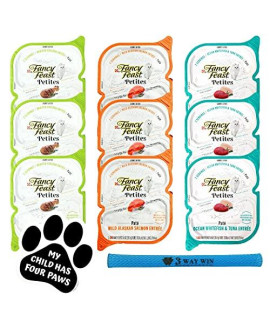 Fancy Feast Petites Pate Bundle | 3 Flavor Variety, (3) Each: Ocean Whitefish & Tuna, Wild Alaskan Salmon, Braised Chicken (2.8 Ounces) | Plus Mesh Kitty Toy and Car Paw Magnet!