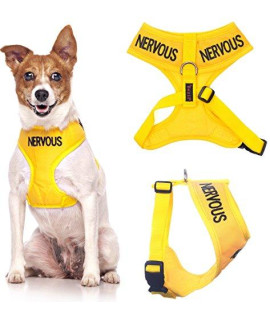 Nervous (Give Me Space) Yellow Color Coded Non-Pull Front And Back D Ring Padded And Waterproof Vest Dog Harness Prevents Accidents By Warning Others Of Your Dog (Small Harness 15-24Inch Chest/Girth)