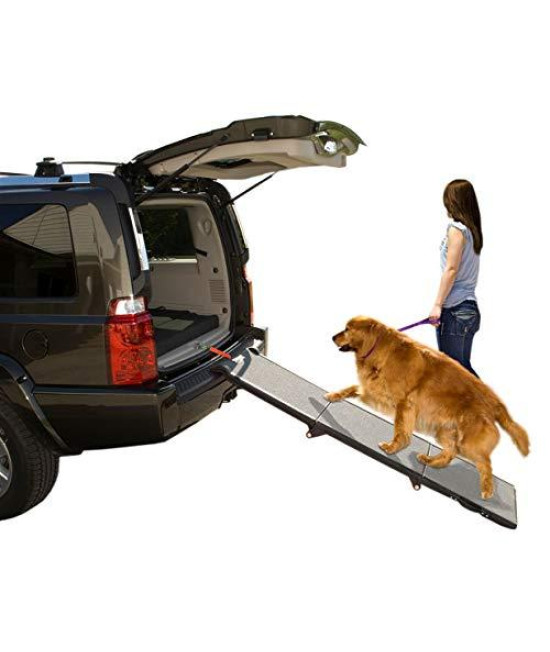 Pet Gear Tri-Fold Ramp 71 Inch Long Extra Wide Portable Pet Ramp for Dogs/Cats up to 200lbs, Patented Compact/Easy Fold with Safety Tether, Black/Gray, not carpeted, Extra Wide, Tri Fold