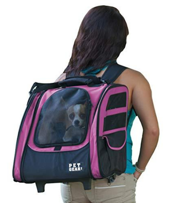 Pet Gear I-GO2 Roller Backpack, Travel Carrier, Car Seat for Cats/Dogs, Mesh Ventilation, Included Tether, Telescoping Handle, Storage Pouch