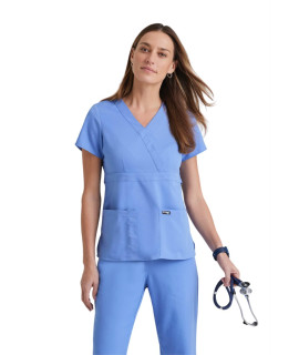 greys Anatomy Womens Junior Fit 3 Pocket Mock Wrap Scrub Top, ceil Blue, Small