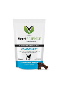 VetriScience Laboratories Composure, Calming Support for Dogs, Naturally Sourced Chews to Provide Anxiety Relief for Anxious & Nervous Dogs. 60 Bite Sized Chews