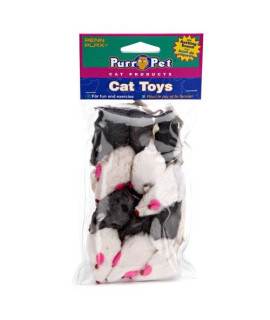 Penn Plax Play Fur Mice Cat Toys  Mixed Bag of 12 Play Mice with Rattling Sounds  3 Color Variety Pack - CAT531, black and white
