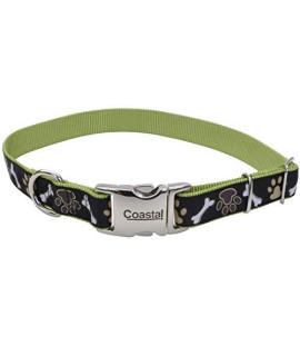 Coastal - Ribbon - Adjustable Dog Collar with Metal Buckle, Brown Paws and Bones, 1 x 18-26