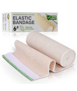 Premium Elastic Bandage Wrap (6 Wide, 1 Pack) - Made of USA grown Organic cotton - Hook Loop Fastener at Both Ends - gT Latex Free Hypoallergenic compression Roll for Sprains Injuries