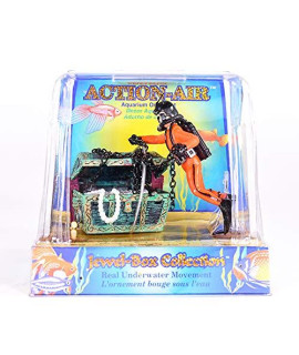 Penn Plax Aquarium Decoration With Moving Treasure Chest, Floating Diver, and Bubble Action 4 Inches High - 065