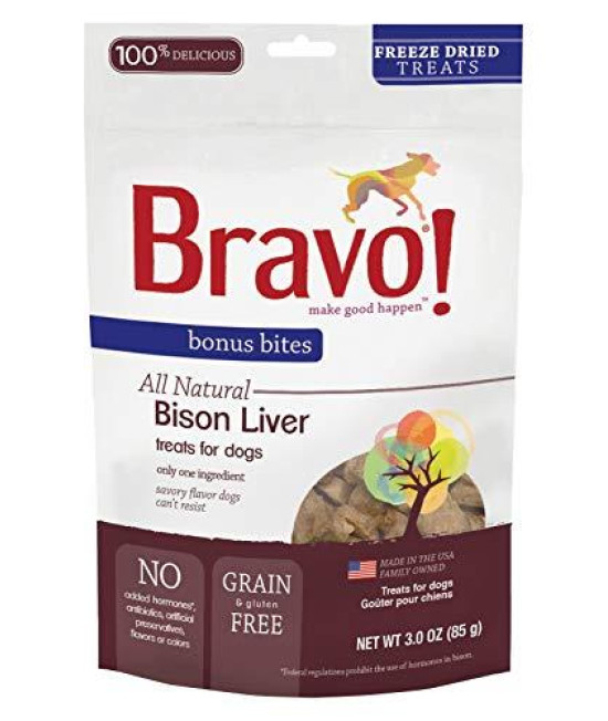 Bravo Bonus Bites Dog Treats Freeze Dried Buffalo Livers Snack - All Natural - Grain Free - 3 oz