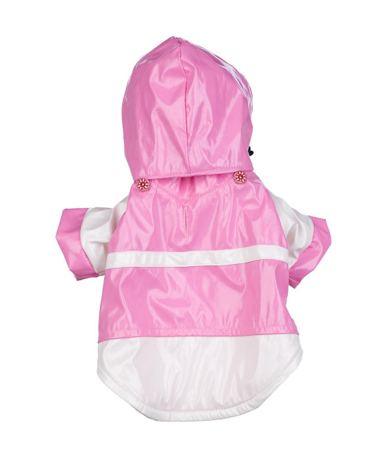 PET LIFE Two-Tone PVc Waterproof Designer Fashion Adjustable Pet Dog coat Jacket Raincoat w Removable Hood Medium Pink and White