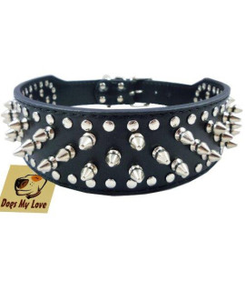 19-22 Black Faux Leather Spiked Studded Dog Collar 2 Wide, 37 Spikes 60 Studs, Pitbull, Boxer
