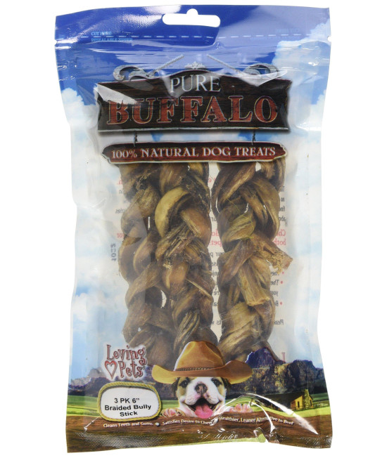 Loving Pets Pure Buffalo 6-Inch Braided Bully Stick Dog Treat, 3-Pack