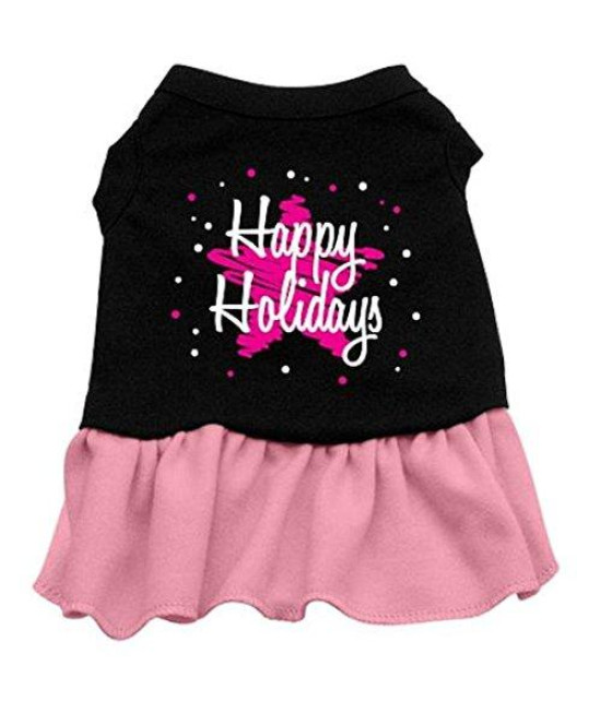 Mirage Pet Products 14-Inch Scribble Happy Holidays Screen Print Dress, Large, Black with Pink