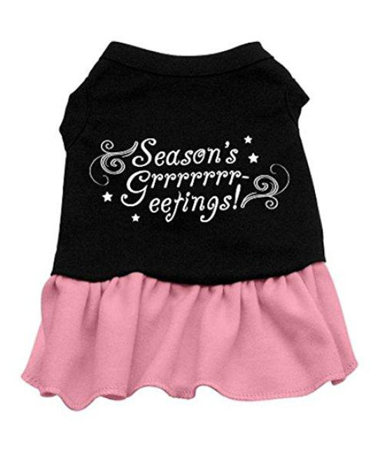 Mirage Pet Products 14-Inch Seasons Greetings Screen Print Dress, Large, Black with Pink