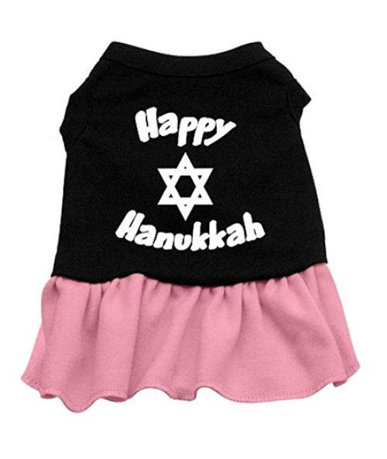 Mirage Pet Products 10-Inch Happy Hanukkah Screen Print Dress, Small, Black with Pink