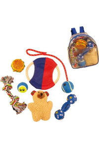 Pet Life Backpack 8 Piece Jute Rope and Rubberized Squeak chew Pet Dog Toy gift Set