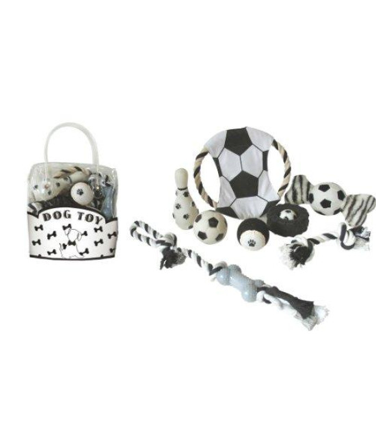 Pet Life Soccer Themed 9 Piece Jute Rope And Rubberized Squeak Chew Pet Dog Toy Gift Set, One Size, Black And White