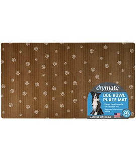 Drymate Pet Bowl Placemat, Dog & Cat Food Feeding Mat - Absorbent Fabric, Waterproof Backing, Slip-Resistant - Machine Washable/Durable (USA Made) (16 x 28) (Brown Stripe Tan Paw)
